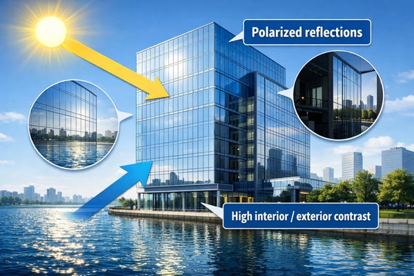 Image suggestionPhoto or illustration of a glass building by water arrows from sun and water toward faade callouts Polarized reflections High interior-1