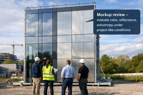 Image suggestionPhotograph of a fullheight faade mockup outdoors with a small group reviewing it callout Mockup review evaluate color reflectance ani-1