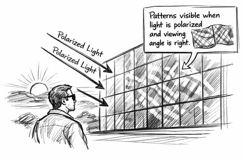 Image suggestionSketch low sun hitting a glass faade arrows labeled polarized light plus a figure with sunglasses looking at the building Callout Patt