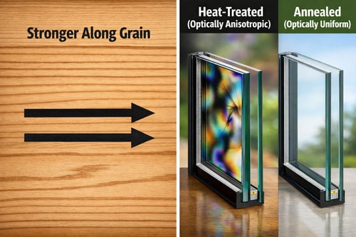 Image suggestionSplit image left a wood board with arrows stronger along grain right an IGU labeled Heattreated optically anisotropic vs Annealed opti