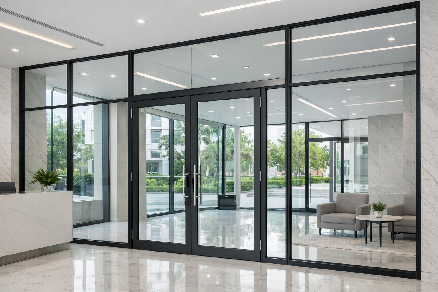 Suggested hero image top of postA clean architectural image showing a Tecfire firerated storefront and door in a bright lobbyslim frames lots of glass