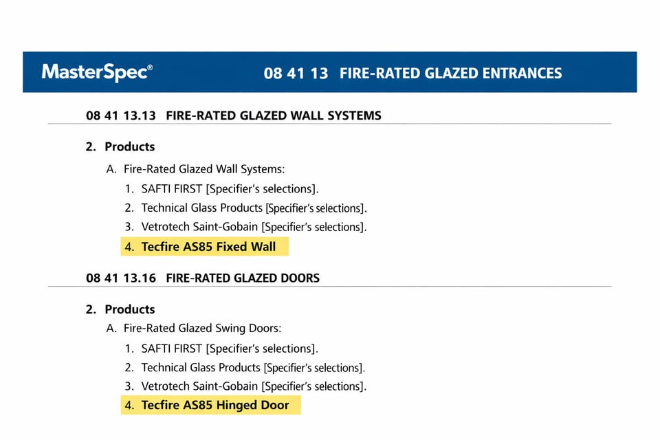 Suggested image in this sectionScreenshot or stylized mockup of a MasterSpec page highlighting Tecfire AS85 Fixed Wall and Hinged Door listingsAlt tex-1
