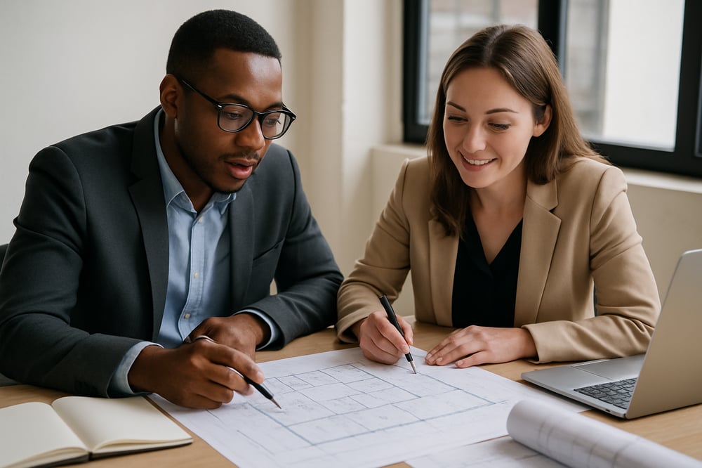 Architect reviewing glass façade specifications with Viracon samples on a conference table