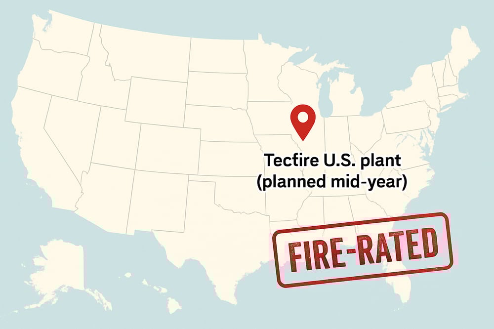 Rendering of Tecfire’s planned Indiana manufacturing facility emphasizing U.S. fire‑rated glass production.