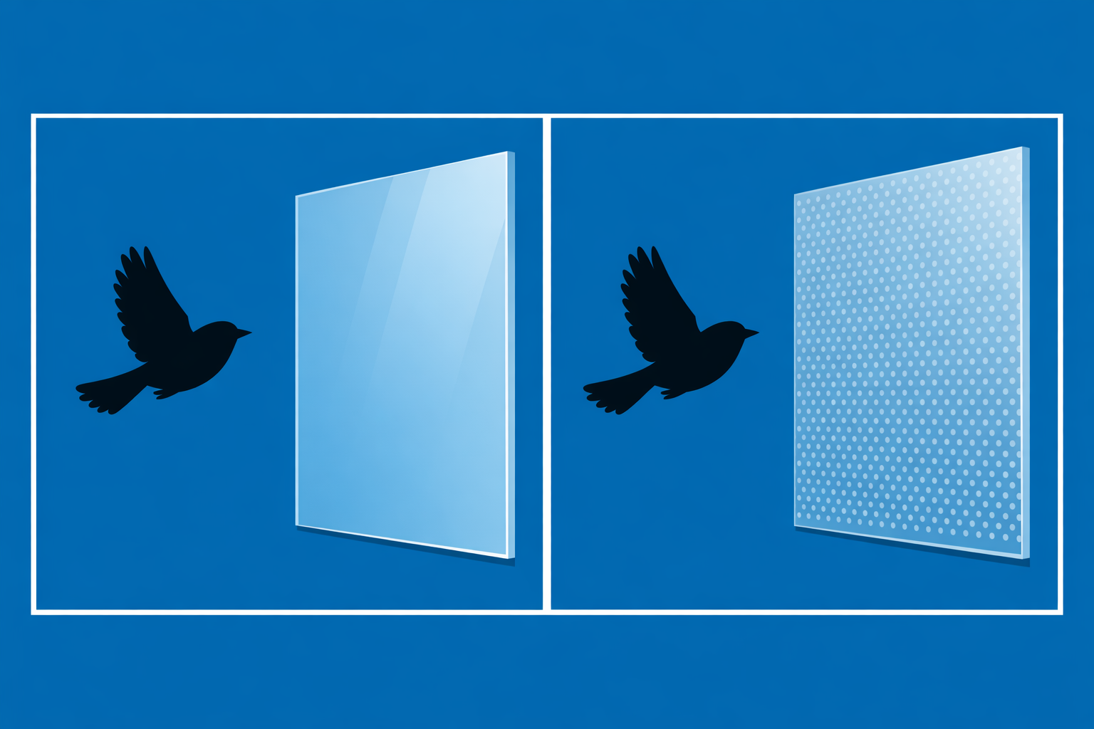Side‑by‑side illustration of a bird flying toward plain reflective glass on the left and toward glass with a subtle dot pattern on the right, showing how first‑surface etch helps birds see the façade.