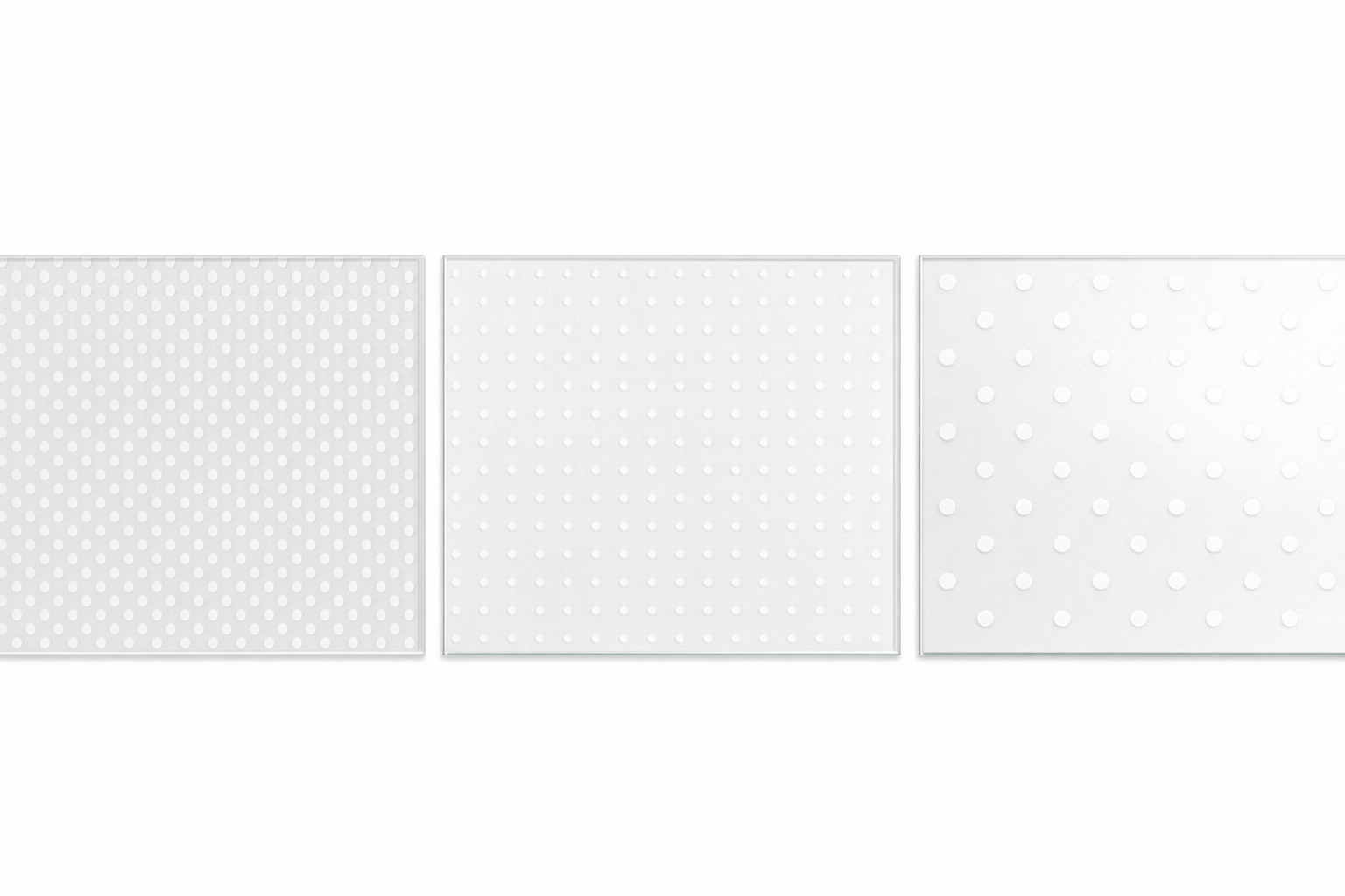 Three close‑up glass swatches showing different dot layouts: a tight staggered grid, a tight inline grid, and a more open inline grid representing different SoarSafe bird‑friendly patterns