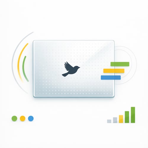 Abstract graphic of a glass panel with a faint dot pattern and a small bird silhouette flying safely past, with simple surrounding shapes suggesting performance data.